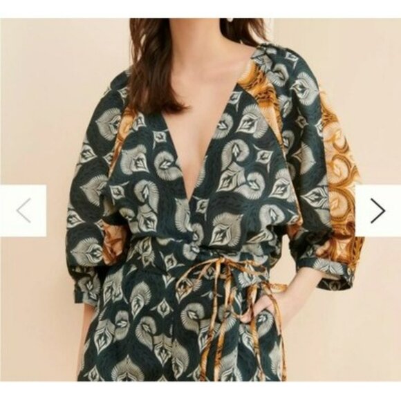 Agua Bendita Womens Boho Romper With Belt Peacock Feather Print Cotton Size M - Picture 4 of 11